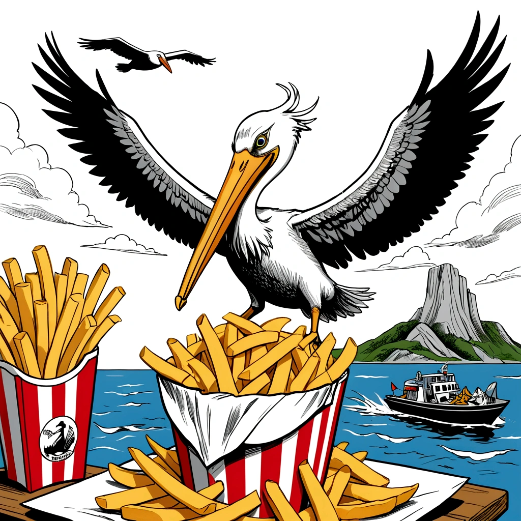 golden french fries juxtapose a black and white world, rescuers down under, cinematic wordless poster, Wilbur the pelican in flight, snacking on french fries, showcase pelican soaring in the sky eating fries, expressive unfinished sketch, unified coloring, ink lines, ink figure
