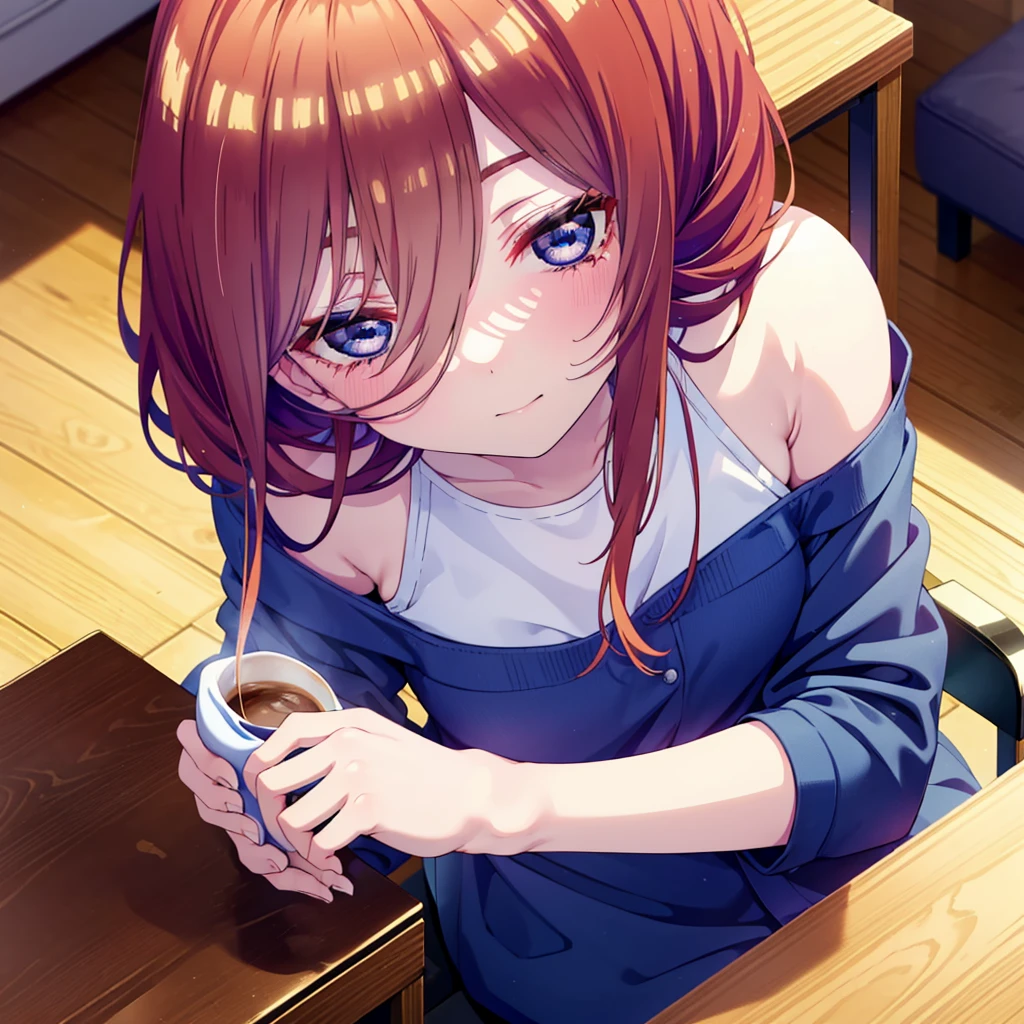 Mikunakano, miku nakano, Long Hair, bangs, blue eyes, Brown Hair, shirt, Hair between the eyes,smile,Open your mouth, Messy Hair,オーバサイズtshirt,One Shoulder,Black string underwear,barefoot,Sitting on the sofa,There is a coffee mug on the table,whole bodyがイラスト入るように,
break indoors, Bedroom,Building district,
break looking at viewer, whole body,
break (masterpiece:1.2), Highest quality, High resolution, unity 8k wallpaper, (figure:0.8), (Beautiful attention to detail:1.6), Highly detailed face, Perfect lighting, Highly detailed CG, (Perfect hands, Perfect Anatomy),