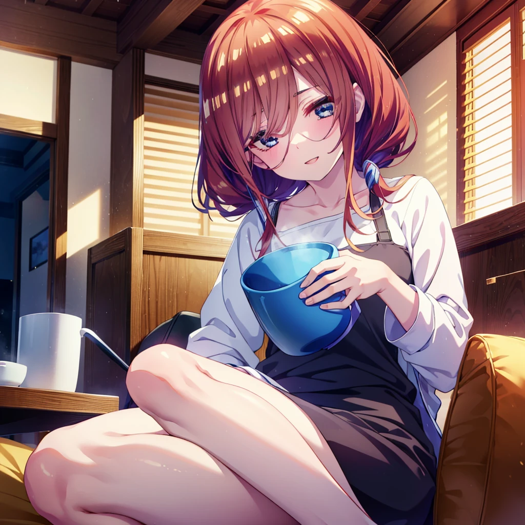 Mikunakano, miku nakano, Long Hair, bangs, blue eyes, Brown Hair, shirt, Hair between the eyes,smile,Open your mouth, Messy Hair,オーバサイズtshirt,One Shoulder,Black string underwear,barefoot,Sitting on the sofa,There is a coffee mug on the table,whole bodyがイラスト入るように,
break indoors, Bedroom,Building district,
break looking at viewer, whole body,
break (masterpiece:1.2), Highest quality, High resolution, unity 8k wallpaper, (figure:0.8), (Beautiful attention to detail:1.6), Highly detailed face, Perfect lighting, Highly detailed CG, (Perfect hands, Perfect Anatomy),