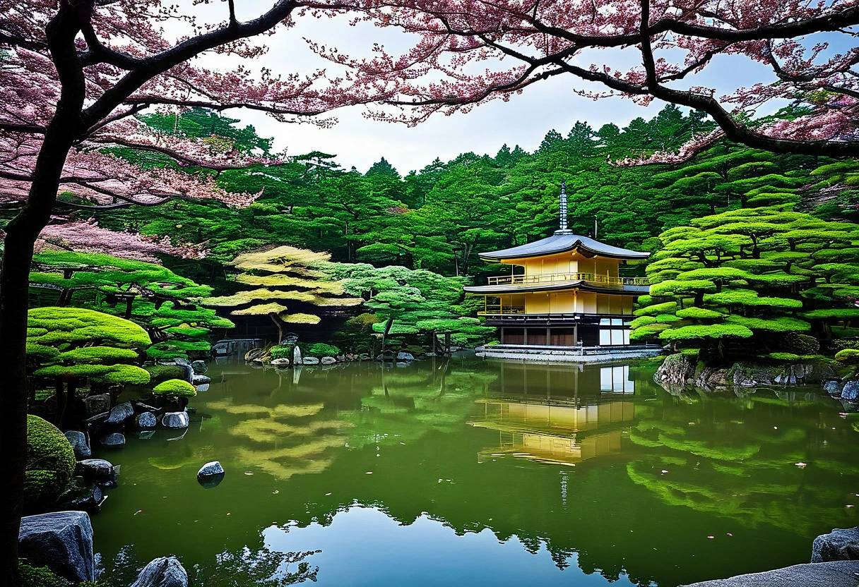 View of a pagoda in a Japanese garden with a lake, Japanese Templess, Japanese Nature, Kyoto japan setting, Japanese Temples, Kyoto, Ancient Japanese architecture, Kyoto inspired, Japanese Landscape, Japan Travel and Tourism, Zen temple background, lush Japanese Landscape, Japan Tourism, Awesome Wallpapers, Japan Deeper Journey Exploration, Beautiful Wallpapers, Japanese architecture, Japanese House, Ancient Japan,The whole place is full of cherry blossoms,A refreshing sunny day