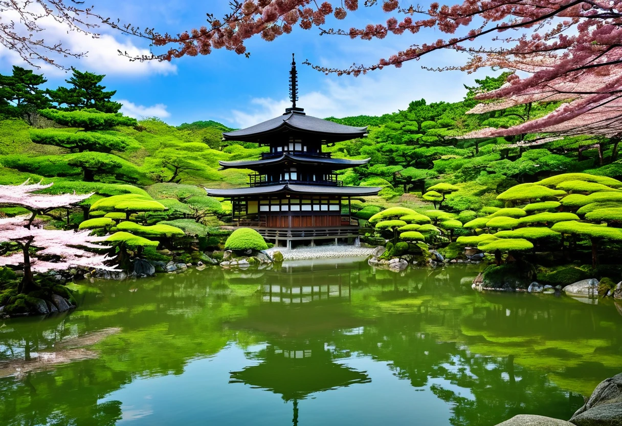 View of a pagoda in a Japanese garden with a lake, Japanese Templess, Japanese Nature, Kyoto japan setting, Japanese Temples, Kyoto, Ancient Japanese architecture, Kyoto inspired, Japanese Landscape, Japan Travel and Tourism, Zen temple background, lush Japanese Landscape, Japan Tourism, Awesome Wallpapers, Japan Deeper Journey Exploration, Beautiful Wallpapers, Japanese architecture, Japanese House, Ancient Japan,The whole place is full of cherry blossoms,A refreshing sunny day