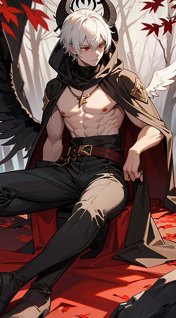 Handsome man, white hair, very short hair, ((crew cut: 1)), red eyes, fair skin, ((muscular: 1)), man, 28 years old, wearing a white hood, gold and silver details, leather shawl brown, baggy pants, gray boots, black and brown belts, black boots, brown gloves, lots of belts, demonic angel wings, six wings, black wings, demon horn, black scales, black scales on the neck, black lizard tail, demonic form, angel form, half and half, chaos angel, halo on the back, holy light element , shadow element of corruption man sitting, muscular, sexy, sitting on a rock, background forest, black trees, trees with red leaves