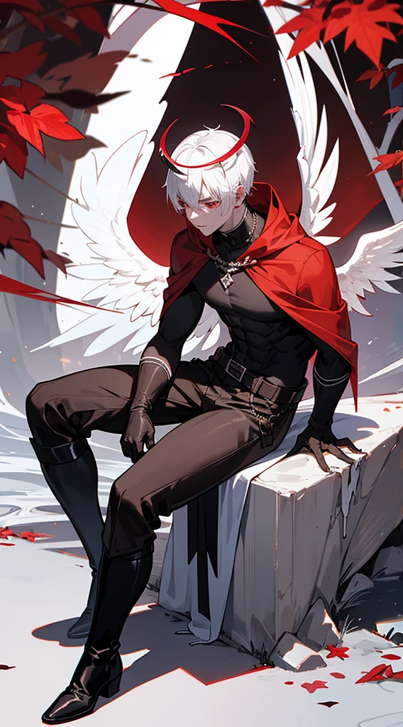 Handsome man, white hair, very short hair, ((crew cut: 1)), red eyes, fair skin, ((muscular: 1)), man, 28 years old, wearing a white hood, gold and silver details, leather shawl brown, baggy pants, gray boots, black and brown belts, black boots, brown gloves, lots of belts, demonic angel wings, six wings, black wings, demon horn, black scales, black scales on the neck, black lizard tail, demonic form, angel form, half and half, chaos angel, halo on the back, holy light element , shadow element of corruption man sitting, muscular, sexy, sitting on a rock, background forest, black trees, trees with red leaves