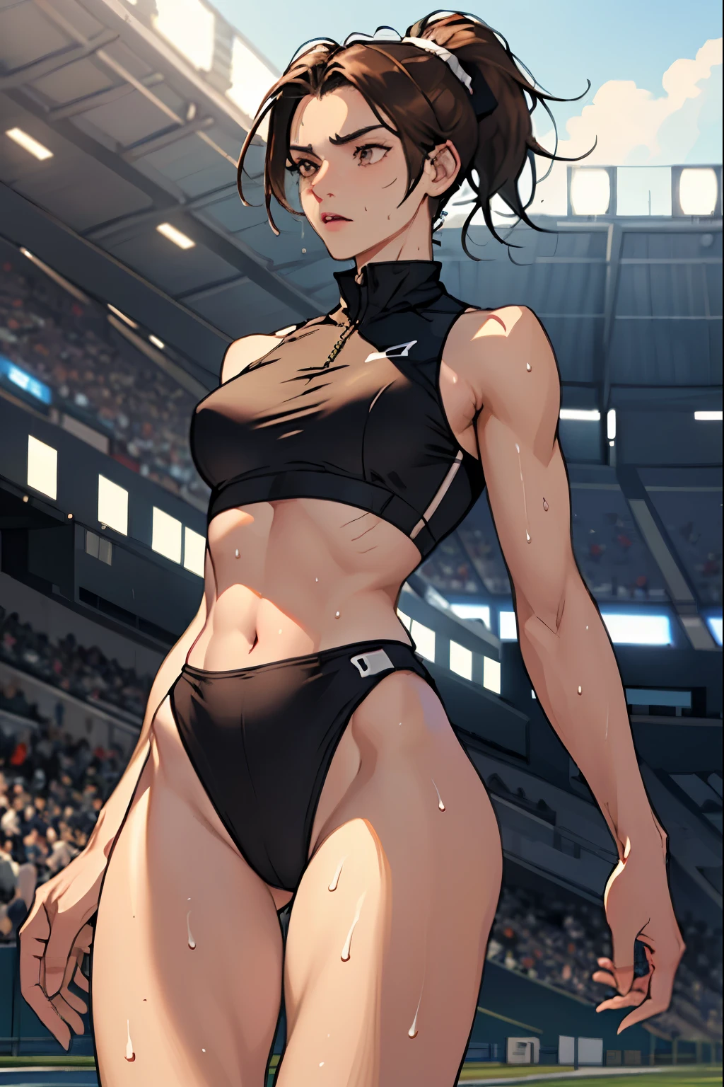 ((masterpiece)), ((Highest quality)),Ultra-high resolution, Caustics, detailed, Beautiful detailed Eyes, alone, (Athletics Stadium, Track and field athlete),Cowboy Shot,20 year old beauty、( another, High leg bloomers ,Show your belly),Slender body, Ideal body proportions,Sweat,Medium chest,Brown eyes, Medium Hair,(ponytail),Brown Hair,Painful expression、running