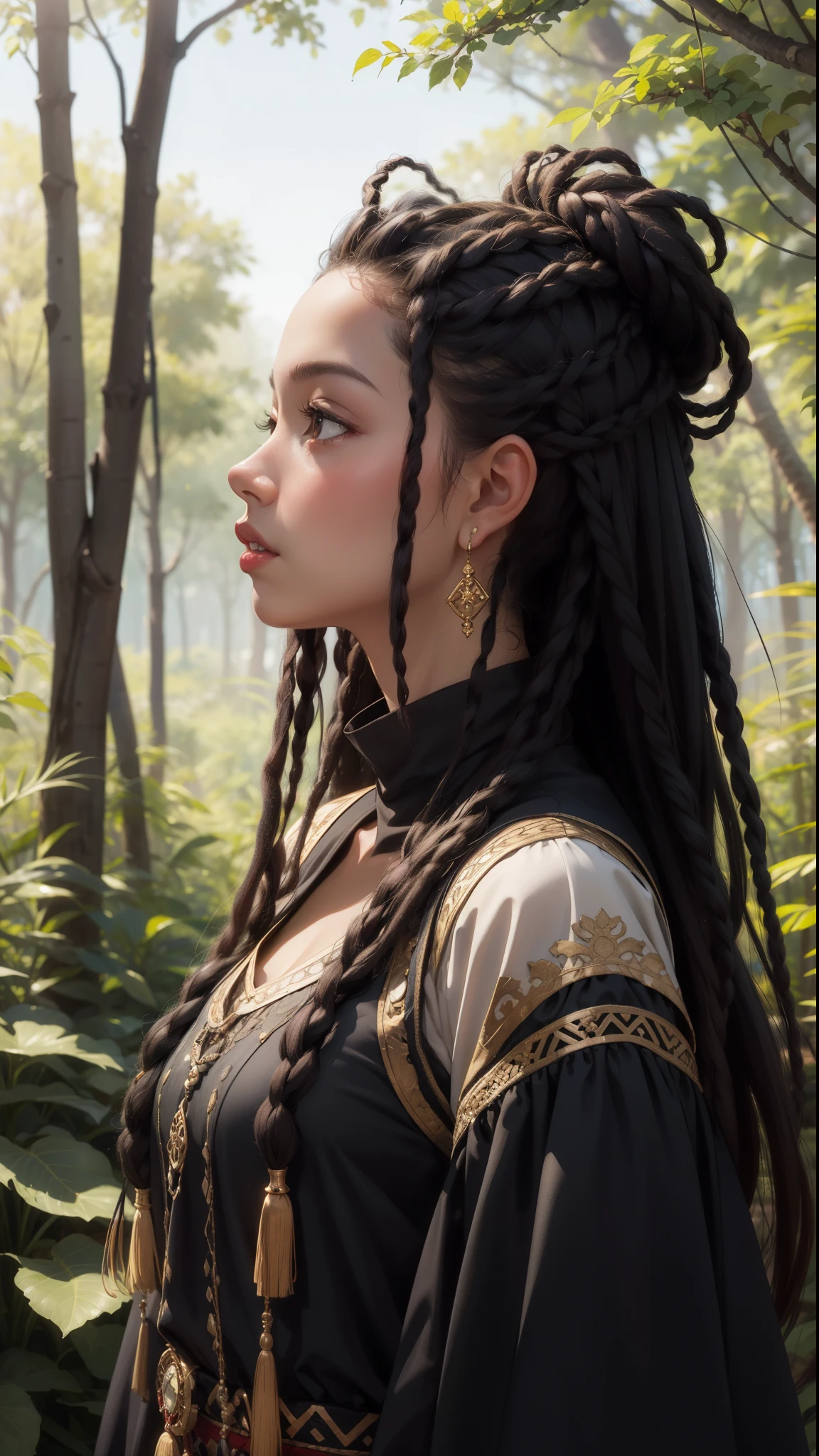 (masterpiece、Highest quality)、african deep ebony one girl、Beautiful Face、Kimberly Jackson、Dreadlocks at will、profile、Upper Body、in the forest。