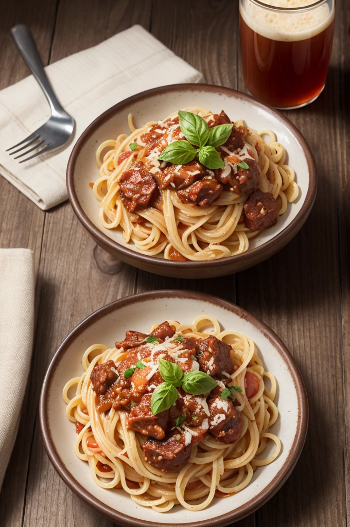 Prato com tomate, Baião, pasta with tomato sauce and sun-dried meat