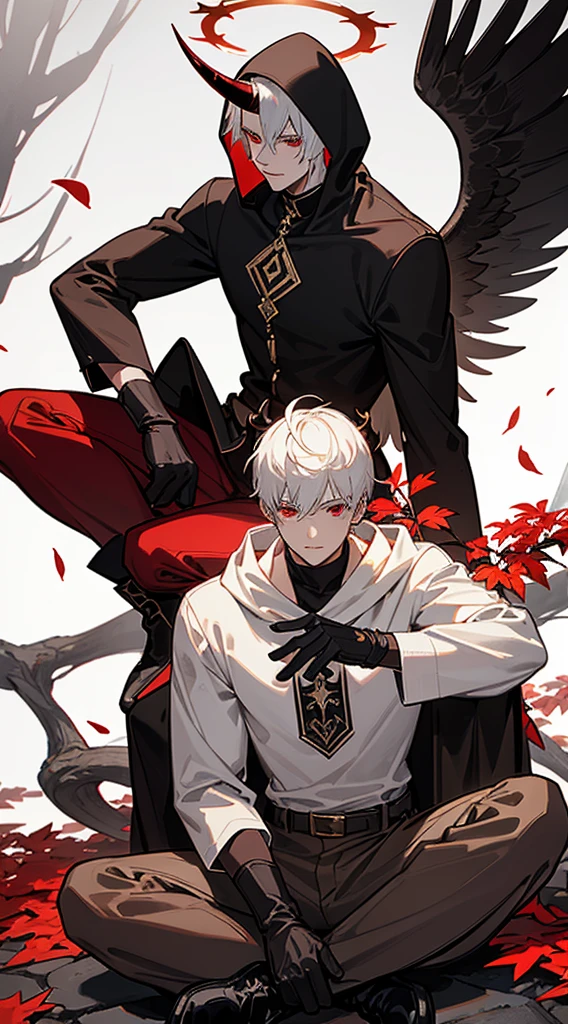 Handsome man, white hair, very short hair, ((crew cut: 1)), red eyes, fair skin, ((muscular: 1)), man, 28 years old, wearing a white hood, gold and silver details, leather shawl brown, baggy pants, gray boots, black and brown belts, black boots, brown gloves, lots of belts, demonic angel wings, six wings, black wings, demon horn, black scales, black scales on the neck, black lizard tail, demonic form, angel form, half and half, chaos angel, halo on the back, holy light element , shadow element of corruption man sitting, muscular, sexy, sitting on a rock, background forest, black trees, trees with red leaves