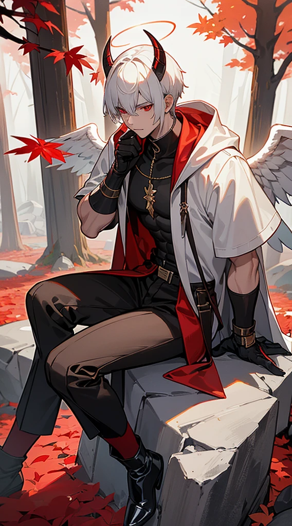 Handsome man, white hair, very short hair, ((crew cut: 1)), red eyes, fair skin, ((muscular: 1)), man, 28 years old, wearing a white hood, gold and silver details, leather shawl brown, baggy pants, gray boots, black and brown belts, black boots, brown gloves, lots of belts, demonic angel wings, six wings, black wings, demon horn, black scales, black scales on the neck, black lizard tail, demonic form, angel form, half and half, chaos angel, halo on the back, holy light element , shadow element of corruption man sitting, muscular, sexy, sitting on a rock, background forest, black trees, trees with red leaves