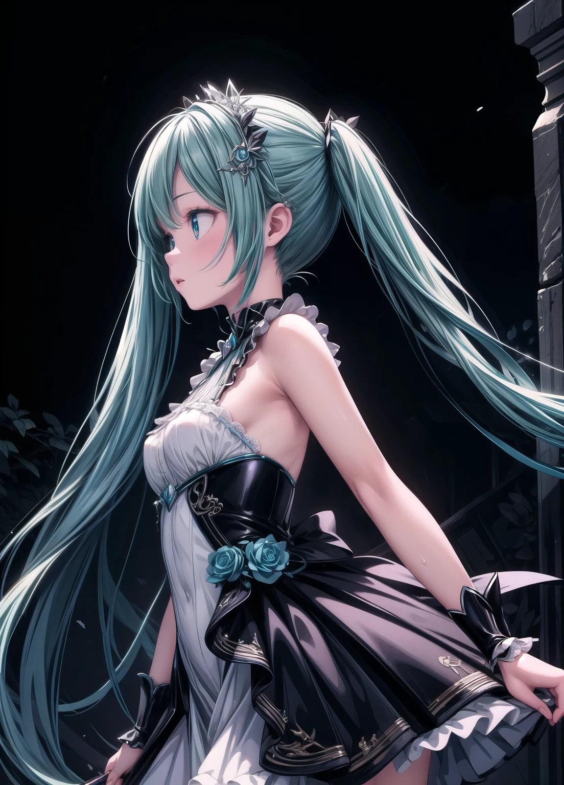 (masterpiece、Highest quality、Highest quality、Official Art、Beautiful and beautiful:1.2)、(One girl:1.3)Hatsune Miku、Twin tails,Beautiful breasts,(Highest quality), Fantasy illustration art, Shining colorful lights, Big sword, Magical girl, Gothic, Twin tails, Realistic, Very detailed, High resolution, anime,  Glowing neon color palette, 