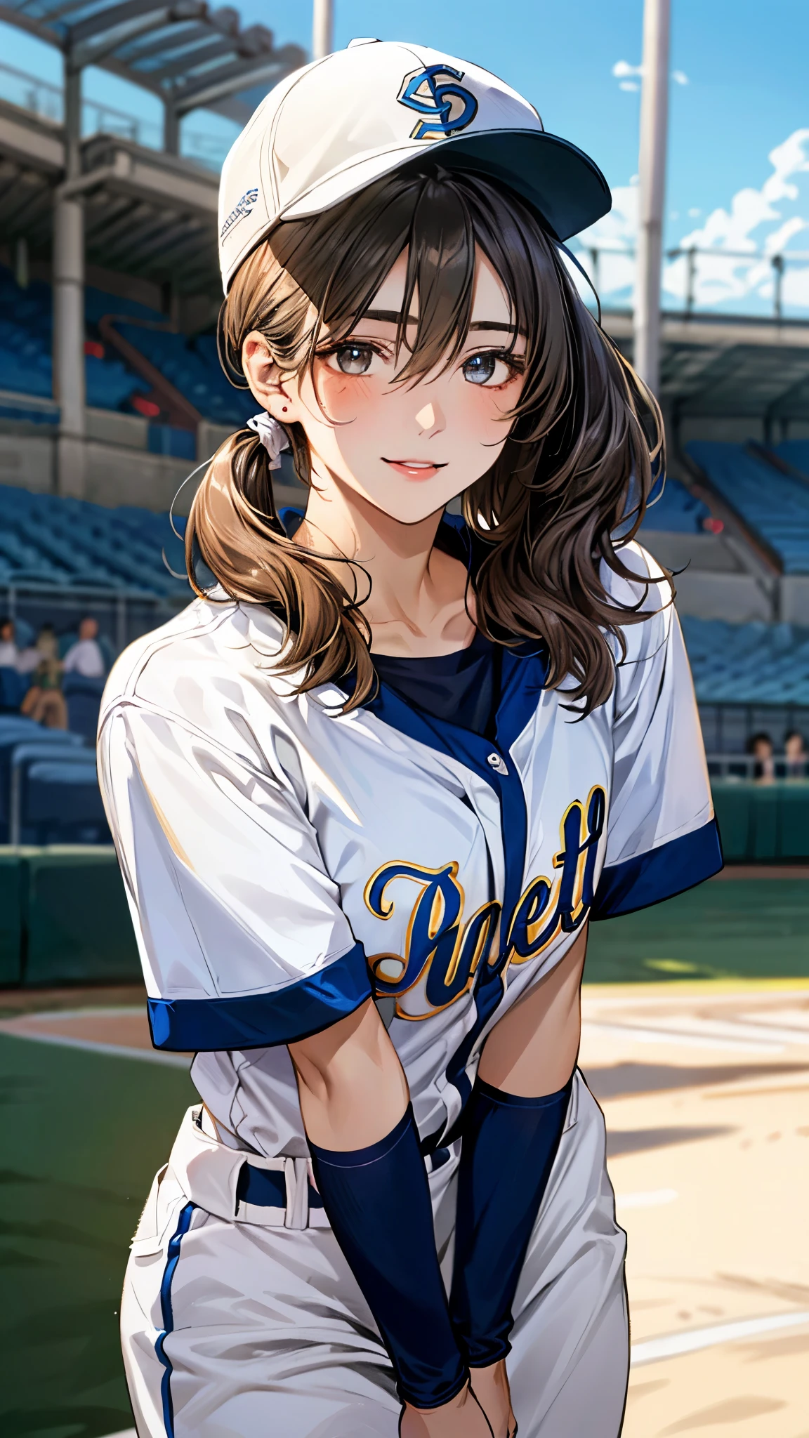 (masterpiece:1.3, top-quality, ultra high res, ultra detailed), (realistic, photorealistic:1.4), beautiful illustration, perfect lighting, natural lighting, colorful, depth of fields, ,
beautiful detailed hair, beautiful detailed face, beautiful detailed eyes, beautiful clavicle, beautiful body, beautiful chest, beautiful thigh, beautiful legs, beautiful fingers, shiny skin,
looking at viewer, 1 girl, high school girl, baseball cosplay, (perfect anatomy, anatomically correct, super detailed skin), cute and symmetrical face, babyface, perfect face, perfect eyes, ,
(middle hair:1.5, side ponytail:1.2, light brown hair), hair between eyes, blue eyes, big eyes, long eye lasher, (medium breasts:1.4, seductive thighs), skin dendation,
(detailed cloth texture, baseball uniform:1.2, baseball cap),
(beautiful scenery), summer, late afternoon, (baseball stadium:1.1), standing, (peace sign), (lovely smile, upper eyes, parted lips), diffused natural sunlight, diffused natural skin glow,