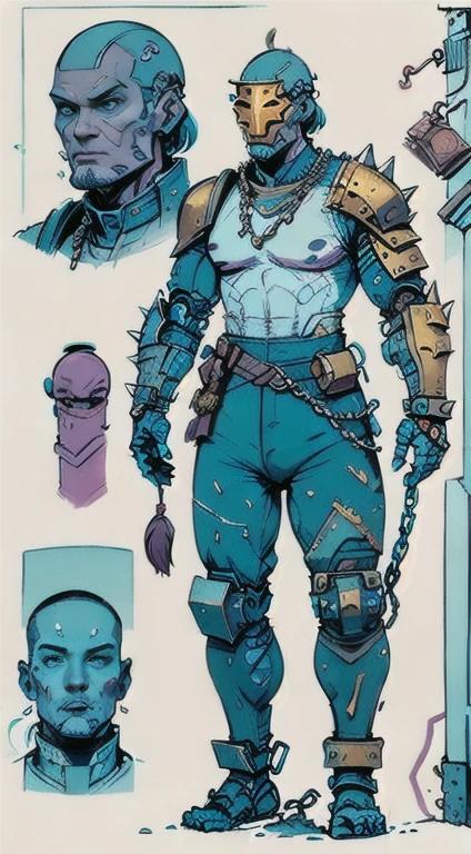 1man, old man, perfect proportions, anatomically correct, (head to toe: 2.0), (full body image: 2.0), solo, extremely stylized, deviant art, masterpiece, highly detailed, detailed eyes, expressive detailed eyes, detailed pupils, futuristic, ((wearing an armored helmet)), ((holding a spiked flail)), (cybernetic arms:1.4), big boots, entire body image, full body shot, nvinkpunk, professional photograph of alexander_skarsgard, tassles, large beads, (large tassels), cyberpunk, inkpunk, paint platter, ink splatter, (action pose:1.0), ((chainmail shirt)), old warrior, long beard, ((armor shoulders))