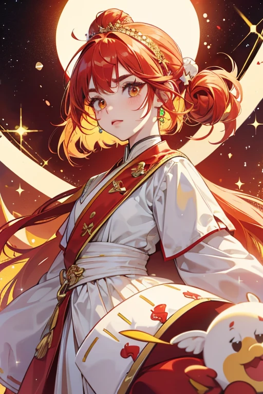 Ura Young Marotchi has a white body and small light red . She has light red cheeks, a red beak, dot-like eyes, and eyebrows. She has straight hair in two buns on top of her head and bangs on each side of her face. She wears red and yellow hair accessories. SPARKLE; GLITTER