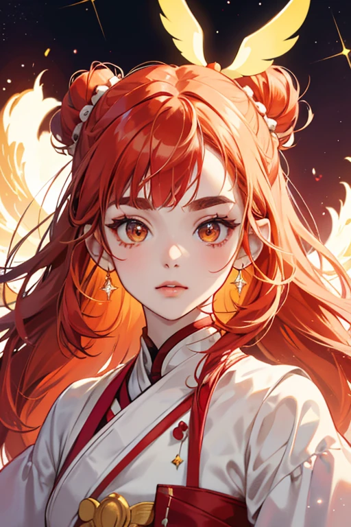 Ura Young Marotchi has a white body and small light red . She has light red cheeks, a red beak, dot-like eyes, and eyebrows. She has straight hair in two buns on top of her head and bangs on each side of her face. She wears red and yellow hair accessories. SPARKLE; GLITTER
