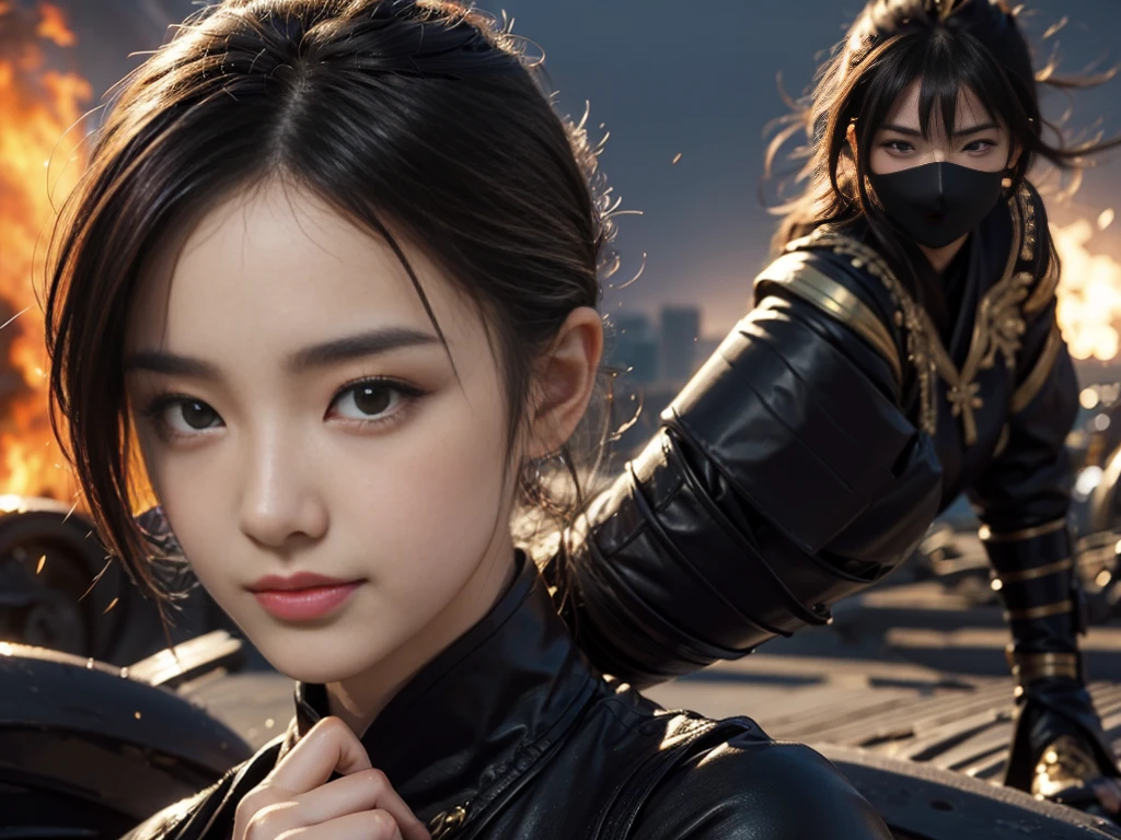 (Top quality,Ultra HD,lifelike: 1.4),Wearing black and gold short qipao,Black high heels,High Ponytail,Close-up shot of man holding two samurai swords,Beautiful armed girl, (K-Pop Idol) ,Detailed face,opposition,Perfect anatomy,Smooth skin,Professional lighting,Victory in battle,Smile of victory(background,beach,Destroyed buildings,Fire,Huge explosion) ) ,Full body close-up,For the audience