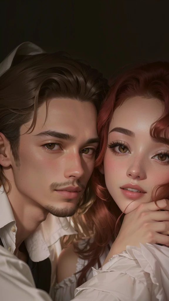 Hay un hombre y una mujer que se abrazan, filtrado photo, Jordan Grimmer y Natasha Tan, filtrado image, jamie coreth, caspar david, foto de perfil, captura de pantalla, taken in the early 2020s, ambos tienen labios rojos, video musical, filtrado, al estilo de petra collins, Chico moreno y chico pelirrojo, ellos son hermanos