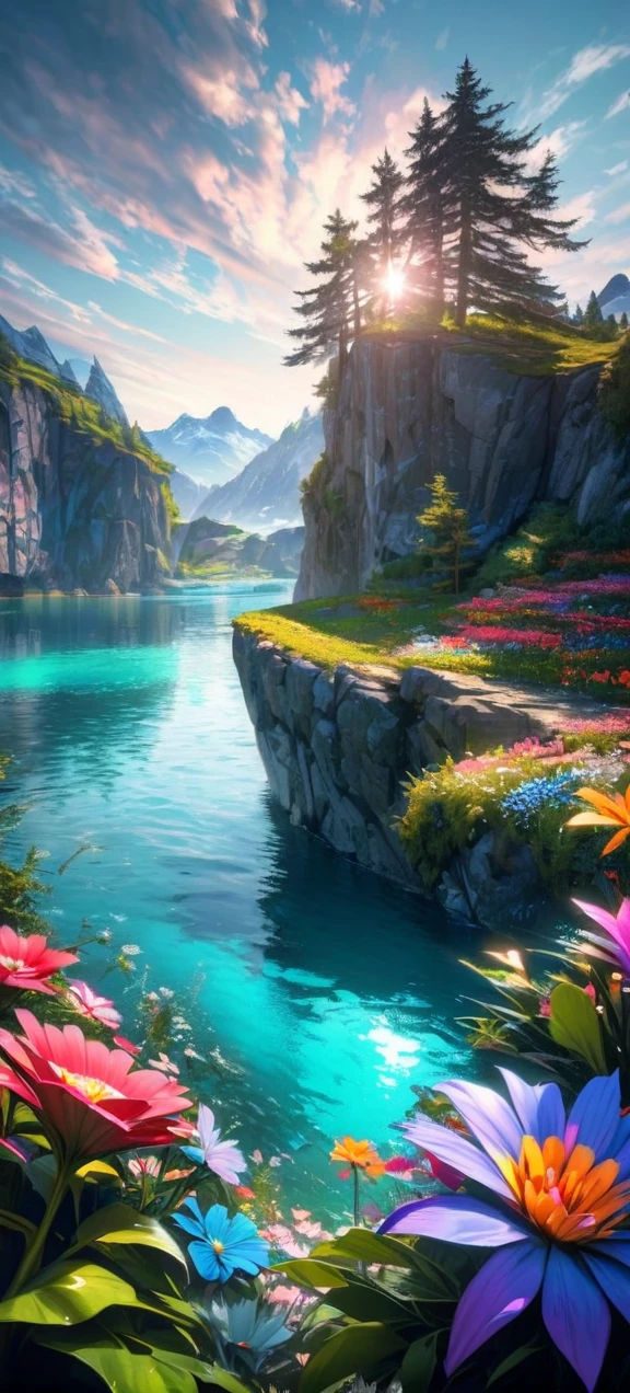 High quality, ultra realistic,absurdres, highres, ultra detailed, HDR, masterpiece, extremely detailed , beautiful colorful flowers , light blue lake , glowing , beautiful landscape