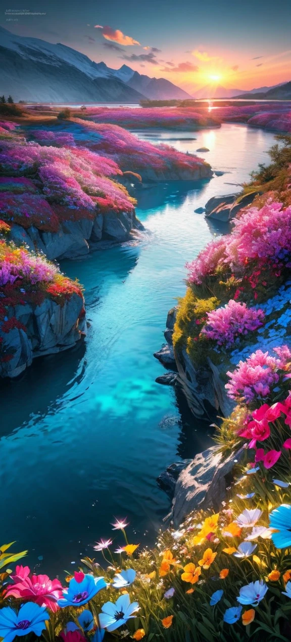  High quality, ultra realistic,absurdres, highres, ultra detailed, HDR, masterpiece, extremely detailed , beautiful colorful flowers , light blue lake , glowing , beautiful landscape 