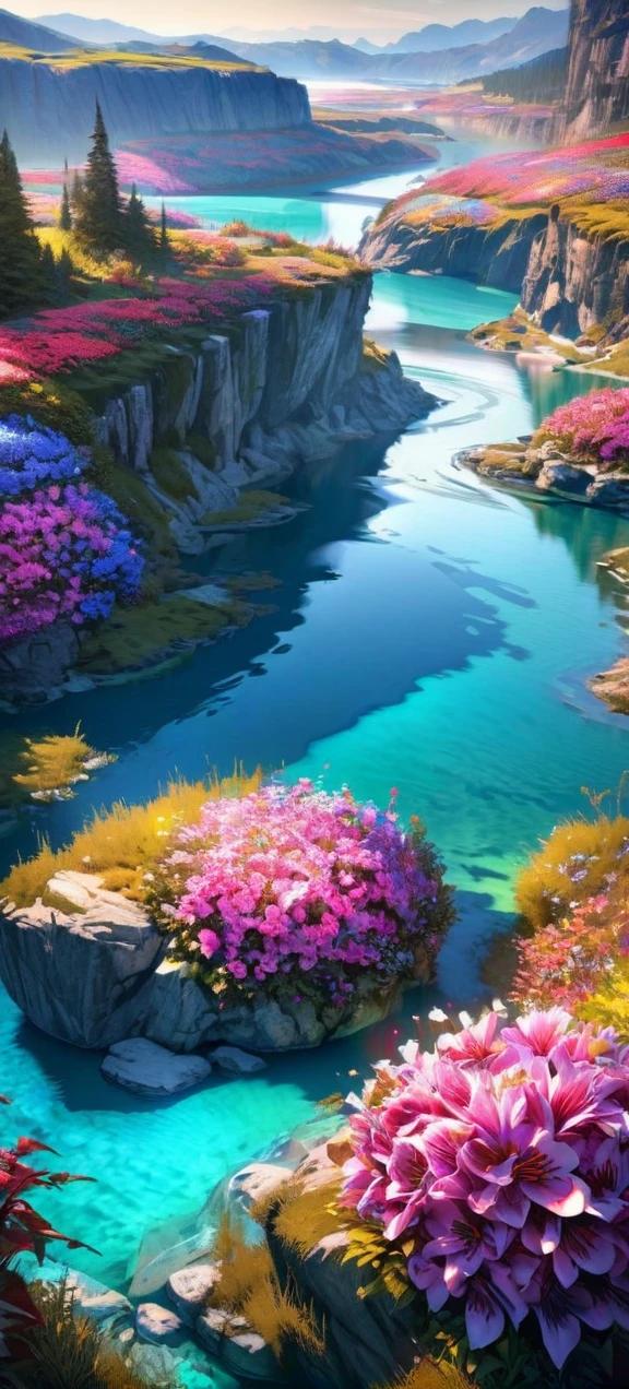  High quality, ultra realistic,absurdres, highres, ultra detailed, HDR, masterpiece, extremely detailed , beautiful colorful flowers , light blue lake , glowing , beautiful landscape 
