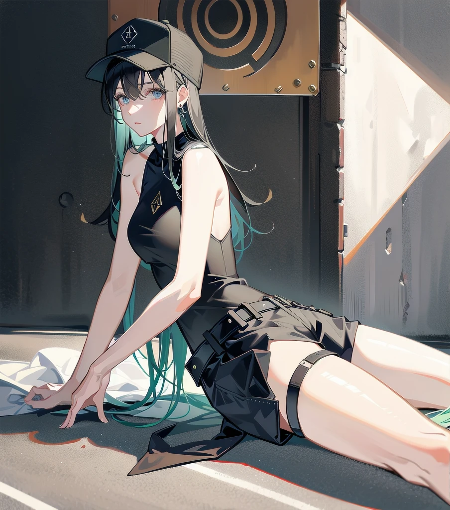 whole body, absurdres, RAW photo, extremely delicate and beautiful, masterpiece, Best Quality, ultra high resolution, 32k, hyperrealistic, ultra-detailed, detailed description, pale skin, 20 years old, detailed beautiful face and eyes, big tits, medium hair, black hair, tearful mole, earring, baseball cap, tank top, cargo shorts,