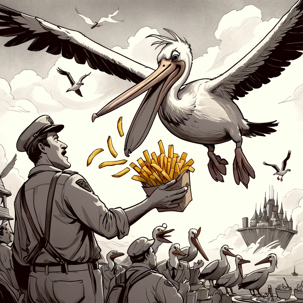 rescuers down under, cinematic wordless poster, Wilbur the pelican in flight, snacking on french fries, showcase pelican soaring in the sky eating fries, expressive unfinished sketch, unified coloring, ink lines, ink figure