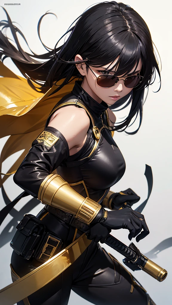 random angle close portrait, brush drawing image, beautiful Thai female teen, aged 20, dynamic fighting action pose with gold advanced sci-fi sword, advanced black sport sunglasses, long blonde hair with, glossy black slim fit sci-fi short pants jumpsuits with weapons holster on thighs, black sci-fi shoulders and arms armour, black gloves, gold smoke explode, white background, 8k resolution
