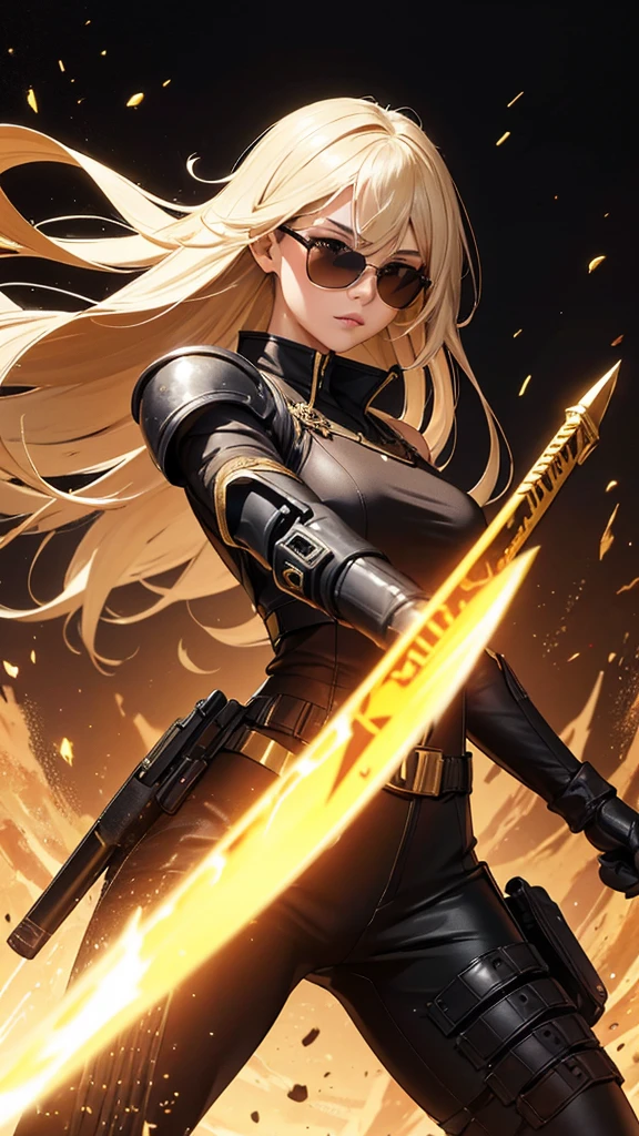 random angle close portrait, brush drawing image, beautiful Thai female teen, aged 20, dynamic fighting action pose with gold advanced sci-fi sword, advanced black sport sunglasses, long blonde hair with, glossy black slim fit sci-fi short pants jumpsuits with weapons holster on thighs, black sci-fi shoulders and arms armour, black gloves, gold smoke explode, white background, 8k resolution