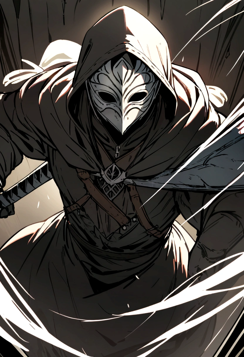 A top view guy set drawn lines outfit white tactics black details hooded wearing mask eyes black brown skin holding medieval sword