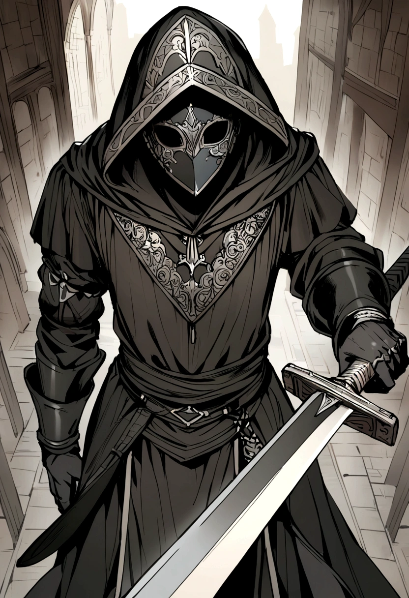A top view guy set drawn lines outfit white tactics black details hooded wearing mask eyes black brown skin holding medieval sword
