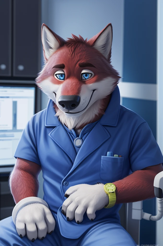 Ivan Fedorovich Wolfbach (Novosibirsk) ,tall handsome, wolf,young, 24 years, brown fur,Kind,(red body:1.3),beautiful blue eyes,Novosibirsk,dressed, мединский костюм stethoscope сандалии,Dr,самый Kind, canine, wolf, detailed fur, male, antro, paw pads, finger claws,at viewer, 5 fingers, paws, 5 fingers, smile, wrist watch, т nextel,by xenoforge, (difficult, high detail, digital photography, soft focus, RAW species палаты ,very close to the camera, species,Novosibirsk, smile, a good mood, positive, very close to the camera,intensive care unit, newborns, stethoscope, in the neck, is sitting, Doctor, holding a wolf cub,
Photorealism, realistic, photorealistic, digital style, Subsurface scattering,Looking at the viewer,hugs the she-wolf,
masterpiece, Best quality, ultra realistic, 8 k)