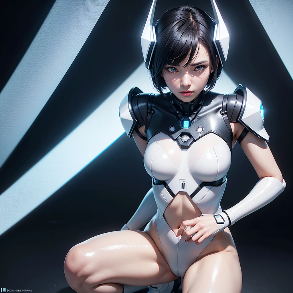 ((of the highest quality)), ((​master piece)), (detail:1.4), Translucent white material with mechanical parts and transparent skin, Beautiful woman in cyber bodysuit made of gray carbon material, Glowing pale with LEDs, (Wide open chest), Ticker (High dynamic range), Ray tracing, NVIDIA RTX, Super Resolution, Subsurface Scattering PBR Texturing, Post-processing, Anisotropy Filtering, depth of fields, Surface Shading, Accurate simulation of light/Material Interactions, perfectly proportions, Two-tone lighting, Wide aperture, Low ISO, White Balance, 8K, NSFW, (((cyber headgear))), 25 year old woman, Cyber headgear with dull glowing LEDs, knee high, Dull bangs beautiful short hair, ((Cyber hood with dull glowing LEDs)), beautiful short black hair, beautiful blue eyes, angry face, Skin of the hips and thighs, Beautiful body, Chest to feel gravity, (Medium breasts: 1.0), Simple and minimalistic space, Natural sexy poses, Looking down, close up