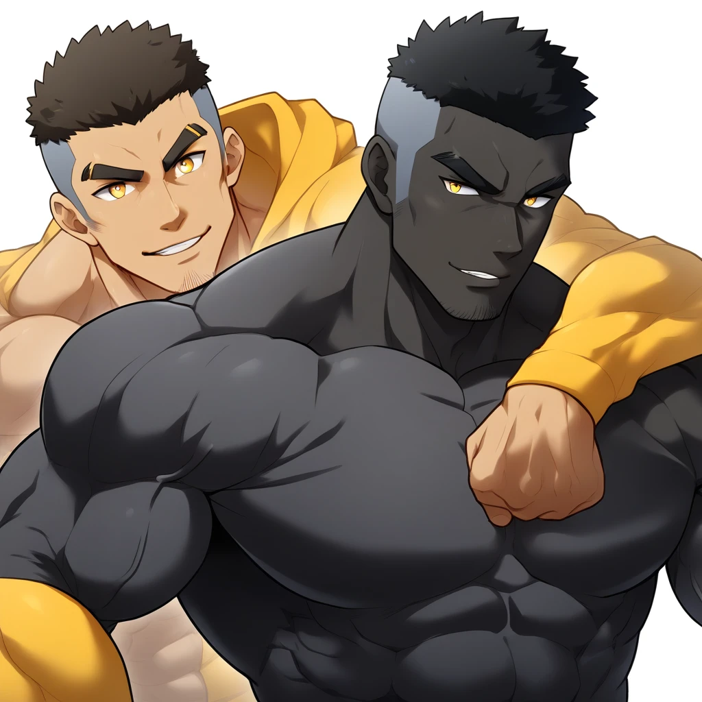 negro, negro, negro, anime characters:Gyee, Muscle Sports Student, negro black skin, Very Black, 1 muscular tough guy, Manliness, male focus, Dark grey and Yellow long sleeve tights, Regular symmetrical pattern, Very tight, The pectoral muscles are oversized, muscular male, muscular, only, Upper body, alone, Black short hair, Thick eyebrows, stubble, Yellow eyes, White background, simple background, amazing quality, best aesthetics, Ridiculous, bright pupils, crew cut, parted lips, seductive smile, torogao, naughty face, best quality