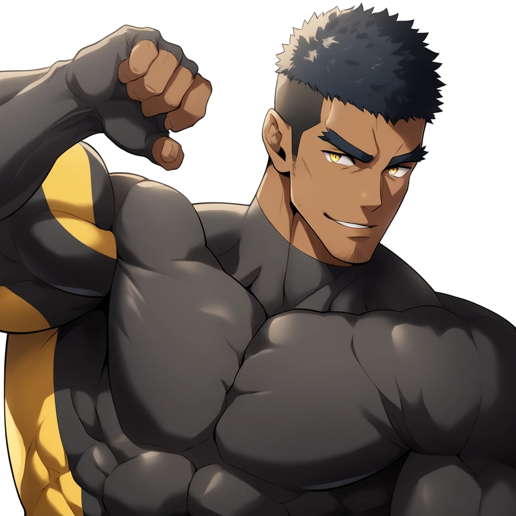 negro, negro, negro, anime characters:Gyee, Muscle Sports Student, negro black skin, Very Black, 1 muscular tough guy, Manliness, male focus, Dark grey and Yellow long sleeve tights, Regular symmetrical pattern, Very tight, The pectoral muscles are oversized, muscular male, muscular, only, Upper body, alone, Black short hair, Thick eyebrows, stubble, Yellow eyes, White background, simple background, amazing quality, best aesthetics, Ridiculous, bright pupils, crew cut, parted lips, seductive smile, torogao, naughty face, best quality