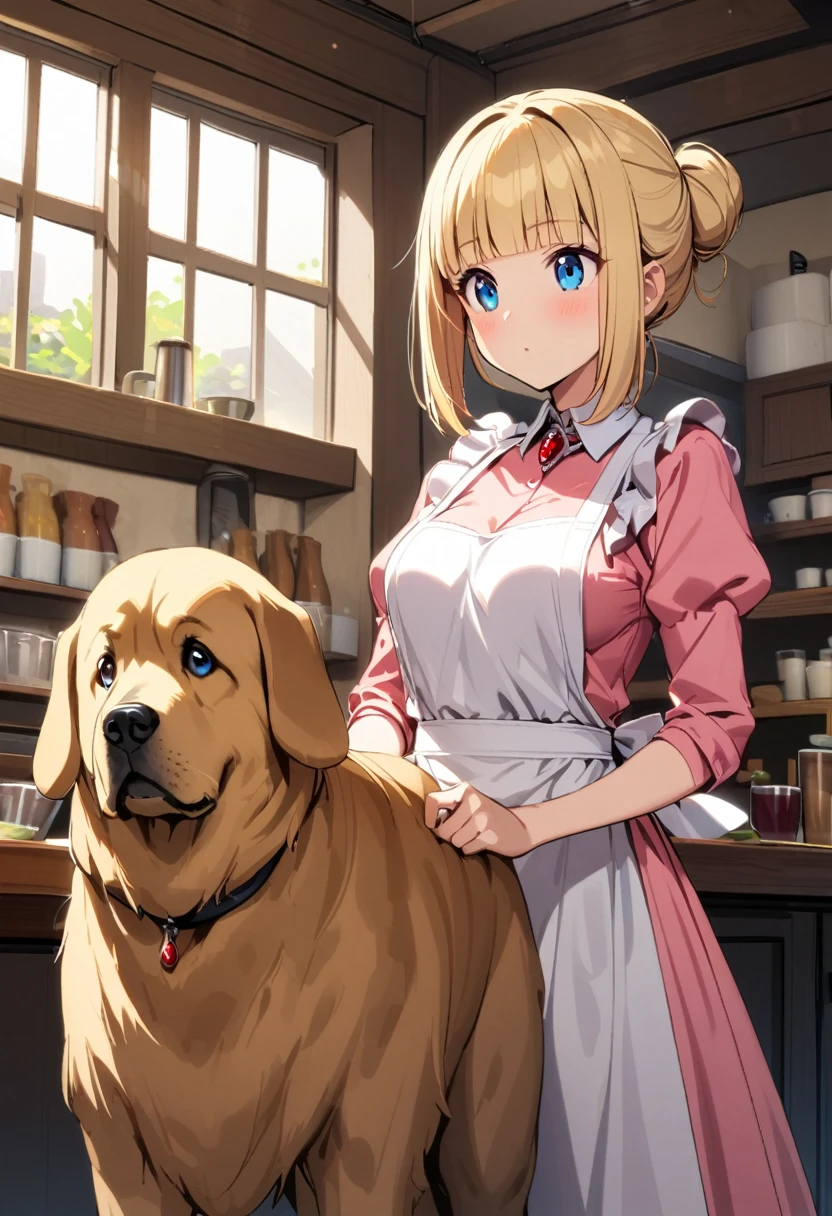 1 girl,blonde hair,blunt bangs,high hair bun,droopy dog ears,blue eyes,medium breasts,long dog mazzle,standing, Pink dress with red jewels on the bust,white apron,indoors