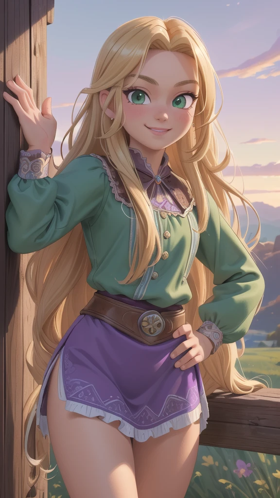 (masterpiece:1.2), (best quality), (ultra detailed), (8k, 4k, intricate),(half body:1.2),(cowboy:1.2),(highly detailed:1.2),(detailed face:1.2), (detailed background),(portrait),detailed landscape,(dynamic pose:1.2),rapunzel 1girl, solo, long hair, looking at viewer, smile, blonde hair, very long hair, green eyes, hand on hip, purple thong