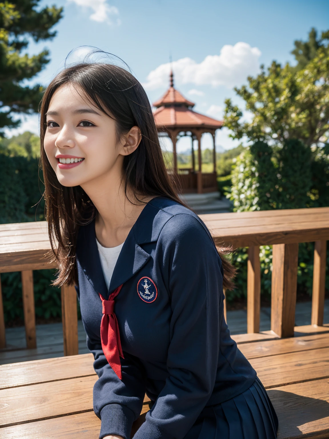 Very cute and beautiful high school girl,,(Very detailed美しい顔),black tights (smile),Happy,View your viewers,Black Hair,(Sailor suit),(Pleated navy blue dining table on a wooden bench in an elegant gazebo,Thick black pantyhose、garden,squirt,forest, (Highest quality,masterpiece:1.2),Absurd,High resolution,Super detailed,Very detailed,32K,8K resolution, Intricate details,Movie Scenes,Detailed Background,alone,Dynamic Angle, Hair blowing in the wind,Beautifully detailed skies,