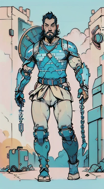 1man, giant brutish man, perfect proportions, anatomically correct, (head to toe: 2.0), (full body image: 2.0), solo, extremely stylized, masterpiece, highly detailed, detailed eyes, expressive detailed eyes, detailed pupils, futuristic, ((wearing medieval armor )), ((holding a sword and shield)), (cybernetic arms:1.4), big boots, entire body image, full body shot, large beads, (large tassels), inkpunk, paint platter, ink splatter, (action pose:1.0), ((chainmail shirt)), old warrior, long beard, ((armor shoulders))