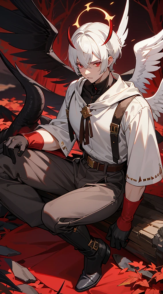 Handsome man, white hair, very short hair, ((crew cut: 1)), red eyes, fair skin, ((muscular: 1)), man, 28 years old, wearing a white hood, gold and silver details, leather shawl brown, baggy pants, gray boots, black and brown belts, black boots, brown gloves, lots of belts, demonic angel wings, six wings, black wings, demon horn, black scales, black scales on the neck, black lizard tail, demonic form, angel form, half and half, chaos angel, halo on the back, holy light element , shadow element of corruption man sitting, muscular, sexy, sitting on a rock, background forest, black trees, trees with red leaves
