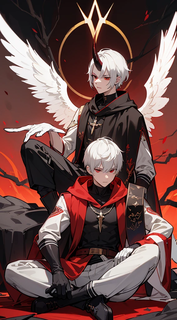 Handsome man, white hair, very short hair, ((crew cut: 1)), red eyes, fair skin, ((muscular: 1)), man, 28 years old, wearing a white hood, gold and silver details, leather shawl brown, baggy pants, gray boots, black and brown belts, black boots, brown gloves, lots of belts, demonic angel wings, six wings, black wings, demon horn, black scales, black scales on the neck, black lizard tail, demonic form, angel form, half and half, chaos angel, halo on the back, holy light element , shadow element of corruption man sitting, muscular, sexy, sitting on a rock, background forest, black trees, trees with red leaves