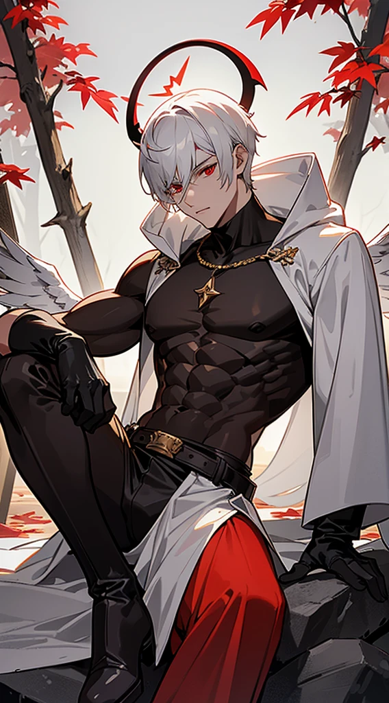Handsome man, white hair, very short hair, ((crew cut: 1)), red eyes, fair skin, ((muscular: 1)), man, 28 years old, wearing a white hood, gold and silver details, leather shawl brown, baggy pants, gray boots, black and brown belts, black boots, brown gloves, lots of belts, demonic angel wings, six wings, black wings, demon horn, black scales, black scales on the neck, black lizard tail, demonic form, angel form, half and half, chaos angel, halo on the back, holy light element , shadow element of corruption man sitting, muscular, sexy, sitting on a rock, background forest, black trees, trees with red leaves