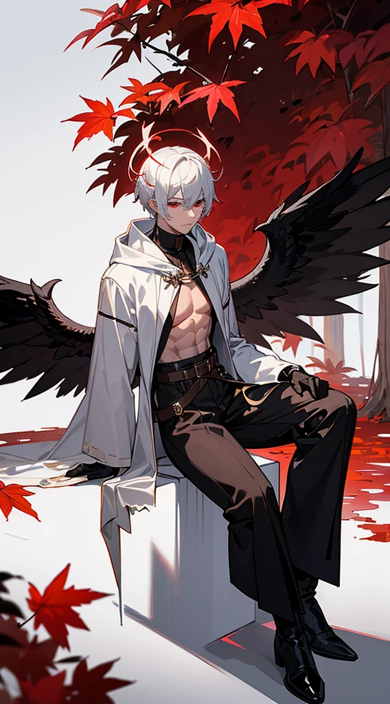 Handsome man, white hair, very short hair, ((crew cut: 1)), red eyes, fair skin, ((muscular: 1)), man, 28 years old, wearing a white hood, gold and silver details, leather shawl brown, baggy pants, gray boots, black and brown belts, black boots, brown gloves, lots of belts, demonic angel wings, six wings, black wings, demon horn, black scales, black scales on the neck, black lizard tail, demonic form, angel form, half and half, chaos angel, halo on the back, holy light element , shadow element of corruption man sitting, muscular, sexy, sitting on a rock, background forest, black trees, trees with red leaves