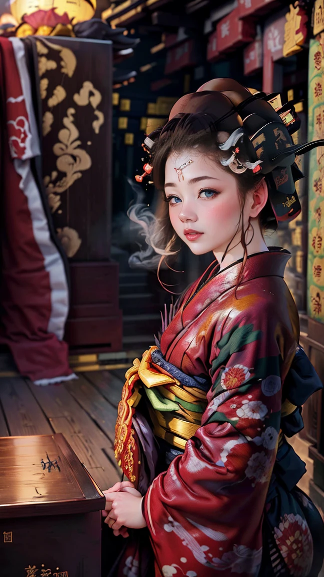 Highest quality、masterpiece、8k、Realistic、超High resolution、Very delicate and beautiful、High resolution、Cinema Lighting、Face close-up、Perfect female body、Opposition、Looking at the audience、((Oiran、Gorgeous kimono、Vibrant colors、embroidery、band、hairpin、(Date Hyogotaka:1.8)、Gorgeous hair ornament、Powder Makeup、Red lips、Delicate hand movements、graceな姿勢))、parade、On the tatami、Golden Screen、fan、tent、Traditional beauty、A fleeting look、Smoke Tube、Elegant atmosphere、Historical background、Night view、Glossy feel、grace、Captivating Charm