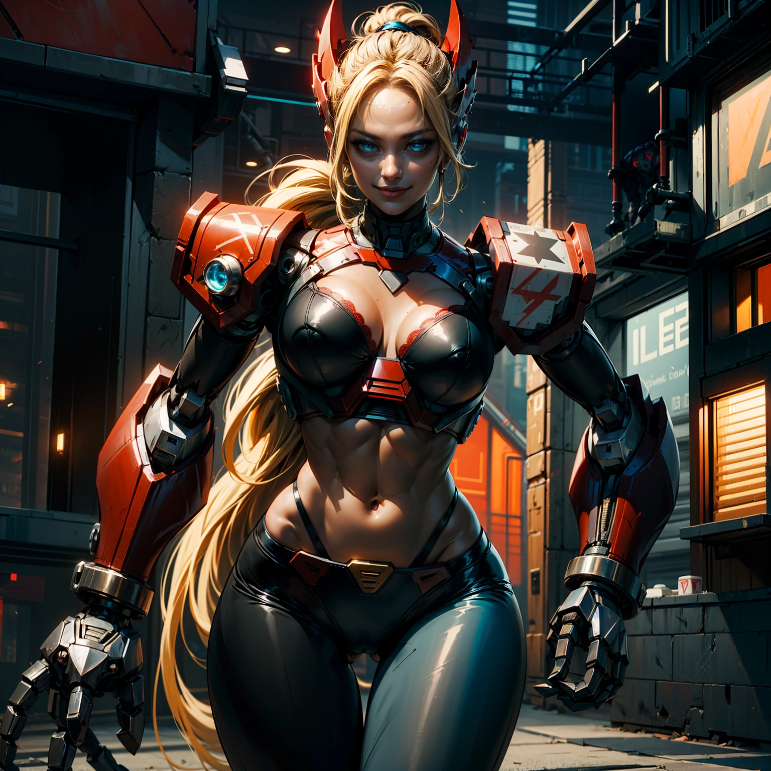 zero_megamanx, ((long blonde hair, ponytail, glowing blue eyes, red and black color armor, makeup, narrow waist, skinny, medium breasts)), pelvic curtain, ((black panties, red bra)), full body, perfect body, (insanely detailed, beautiful detailed face, masterpiece, best quality) , (((solo))), (((1robot))), (((mature))), (extremely detailed 8k paper CG wall unit: 1.1), (cyberpunk, street, night), (smile face for the viewer), mechanical parts, robot joints