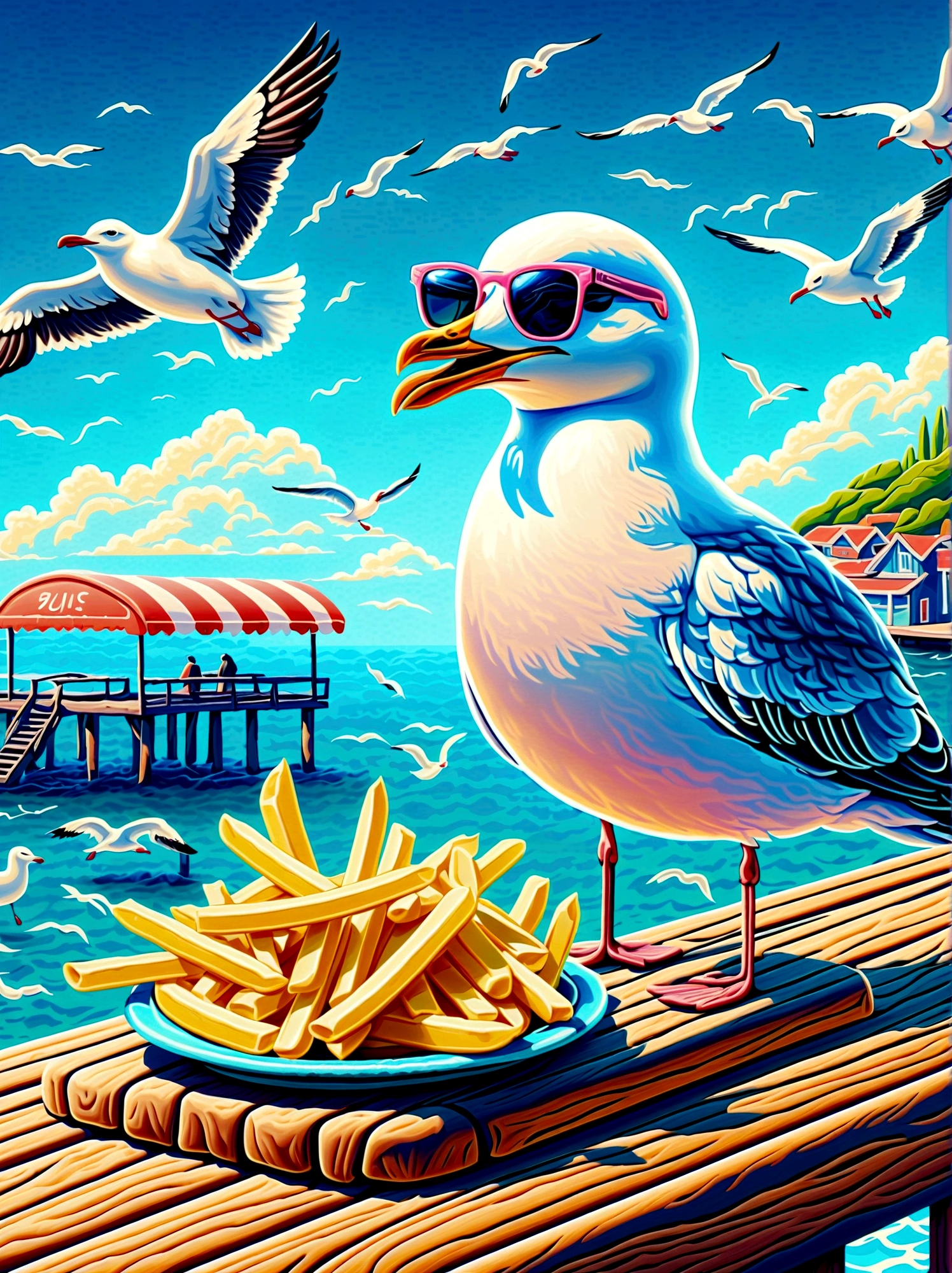 Neon,illustration,A seagull stealing French fries,on wooden pier,ocean,Another cool seagull wearing sunglasses,Clouds,sunny,发光的Neon招牌,Ultra high saturation,Bright colors
