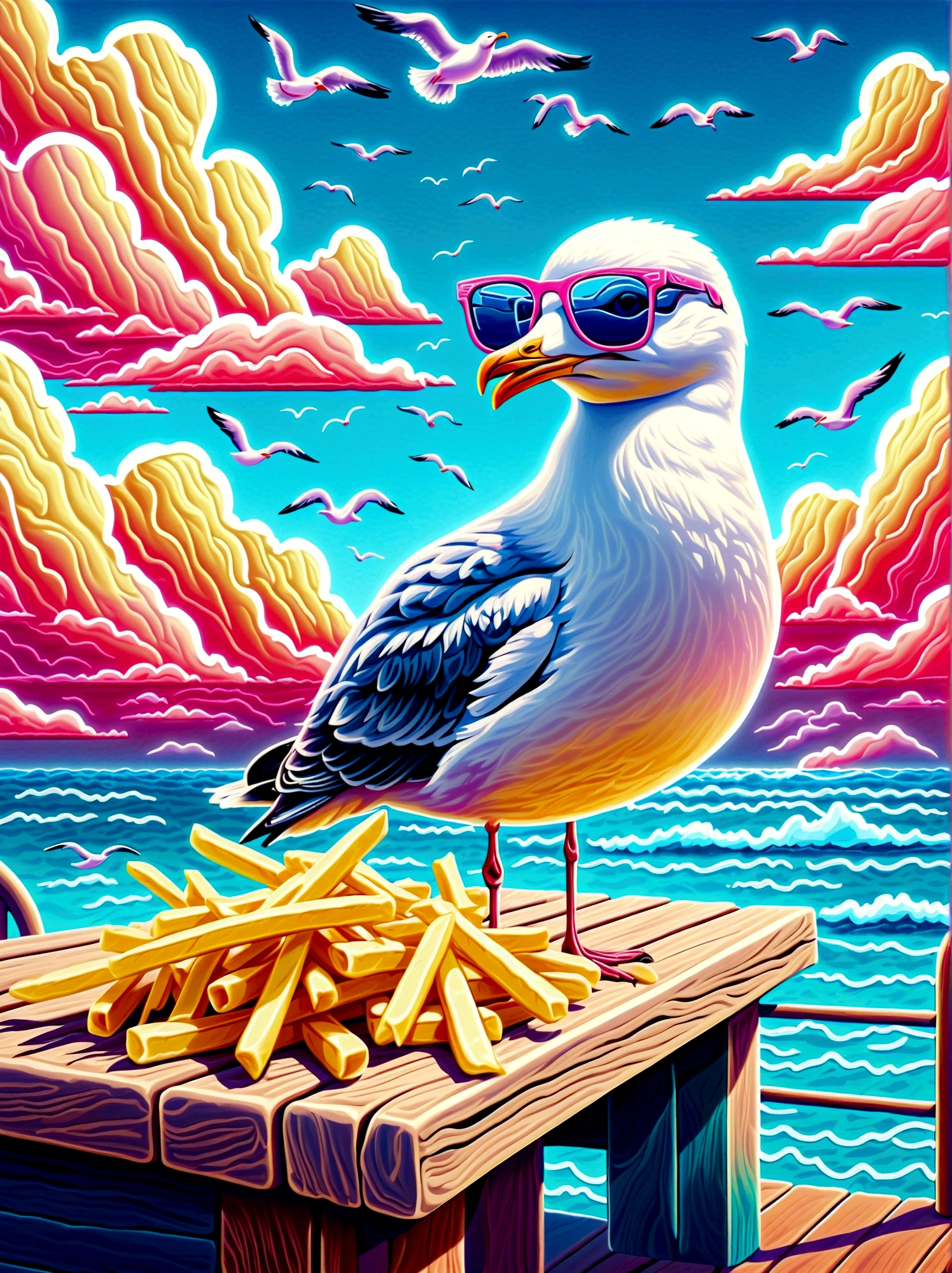 Neon，illustration，A seagull stealing French fries，on wooden pier，ocean，Another cool seagull wearing sunglasses，Clouds，sunny，发光的Neon招牌，Ultra high saturation，Bright colors