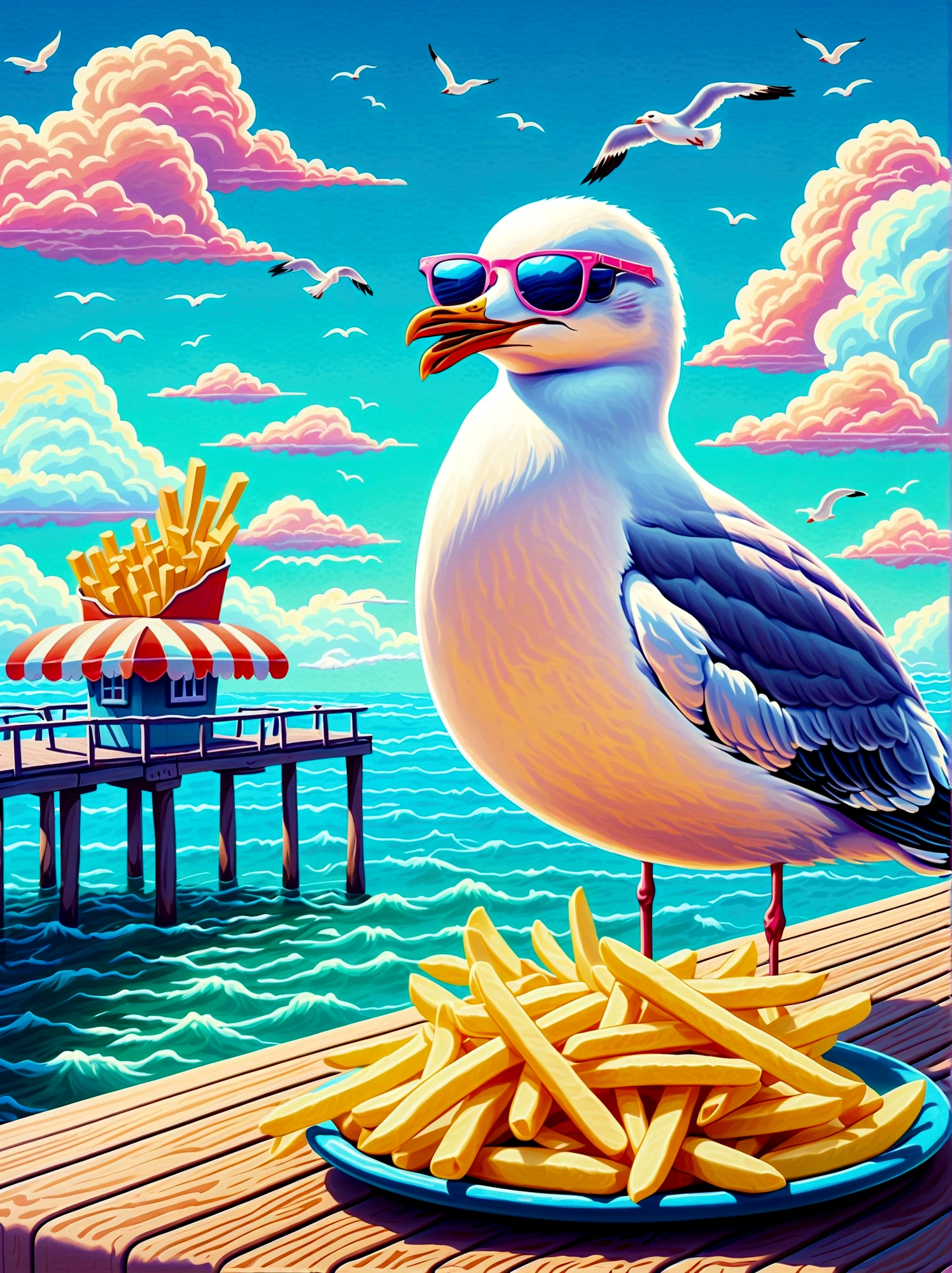 Neon,illustration,A seagull stealing French fries,on wooden pier,ocean,Another cool seagull wearing sunglasses,Clouds,sunny,发光的Neon招牌,Ultra high saturation,Bright colors