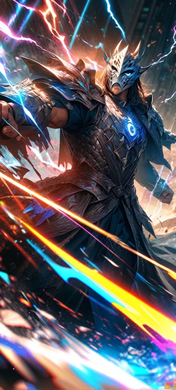  High quality, ultra realistic,absurdres, highres, ultra detailed, HDR, masterpiece, extremely detailed face and eyes,  dragon knight , solo, ,man, handsome, ,dragon knight mask , Epic fight scene, colorful splashing effect, colorful lightning  effect,glowing glitters , 