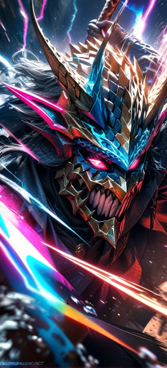 High quality, ultra realistic,absurdres, highres, ultra detailed, HDR, masterpiece, extremely detailed face and eyes, dragon knight , solo, ,man, handsome, ,dragon knight mask , Epic fight scene, colorful splashing effect, colorful lightning effect,glowing glitters ,