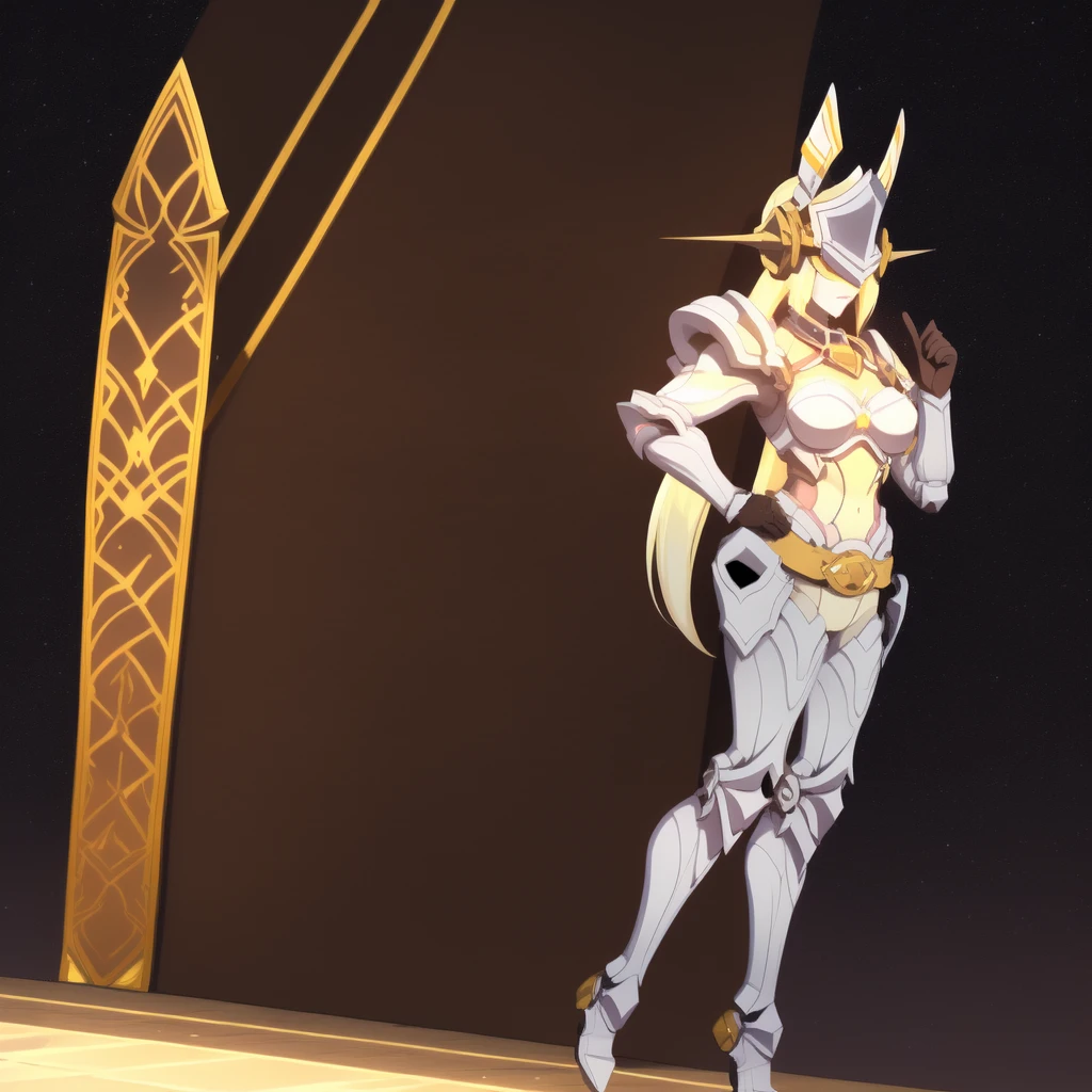 WZRYnvwaYP,1girl,solo,armor,ponytail,breastplate,helmet,long hair,breasts,shoulder armor,blonde hair,lips,belt,cityscape,night,mature female,pool,covered eyes, hand on hip, gloves,