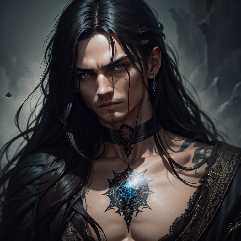 a mage man with long black hair, cursed tattoo on throat, detailed face, beautiful eyes, dramatic lighting, dark fantasy, moody atmosphere, cinematic, dark colors, chiaroscuro lighting, digital painting, hyper detailed, intricate, 8k, photorealistic