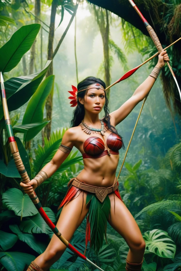 Highest quality, masterpiece, Highest quality, Official Art, Very detailed, Amazonian heroine in the jungle, Amazon warrior surrounded by lush greenery, Swing your spear up, Ready for battle, The strength of nature is reflected in her posture., Guardians of the Tropical Wilderness.